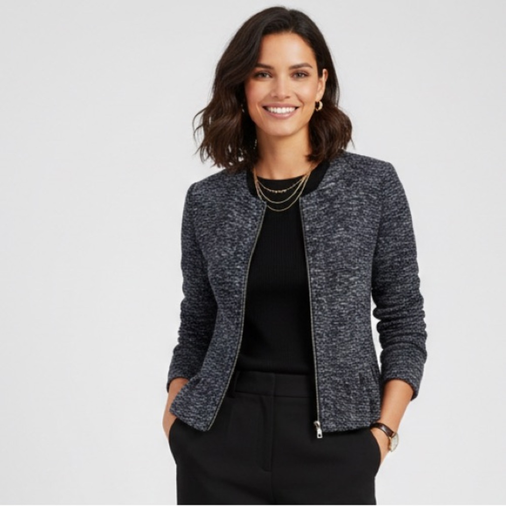 J.Crew Bouclé Peplum Tweed Jacket in‎ blue and white featuring a full-zip front